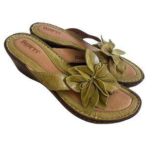 Born Sandals Women's 7 Thongs Flip Flops Lime Leather Wedge Low Heels Flowers